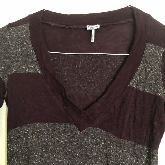 SPLENDID Purple Silver Sheer long sleeve ruched v-neck knit shirt X-Small - Picture 4 of 9